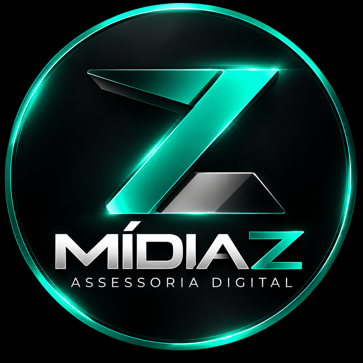 Logo circular da Mídia Z com Z metálico e iluminação turquesa